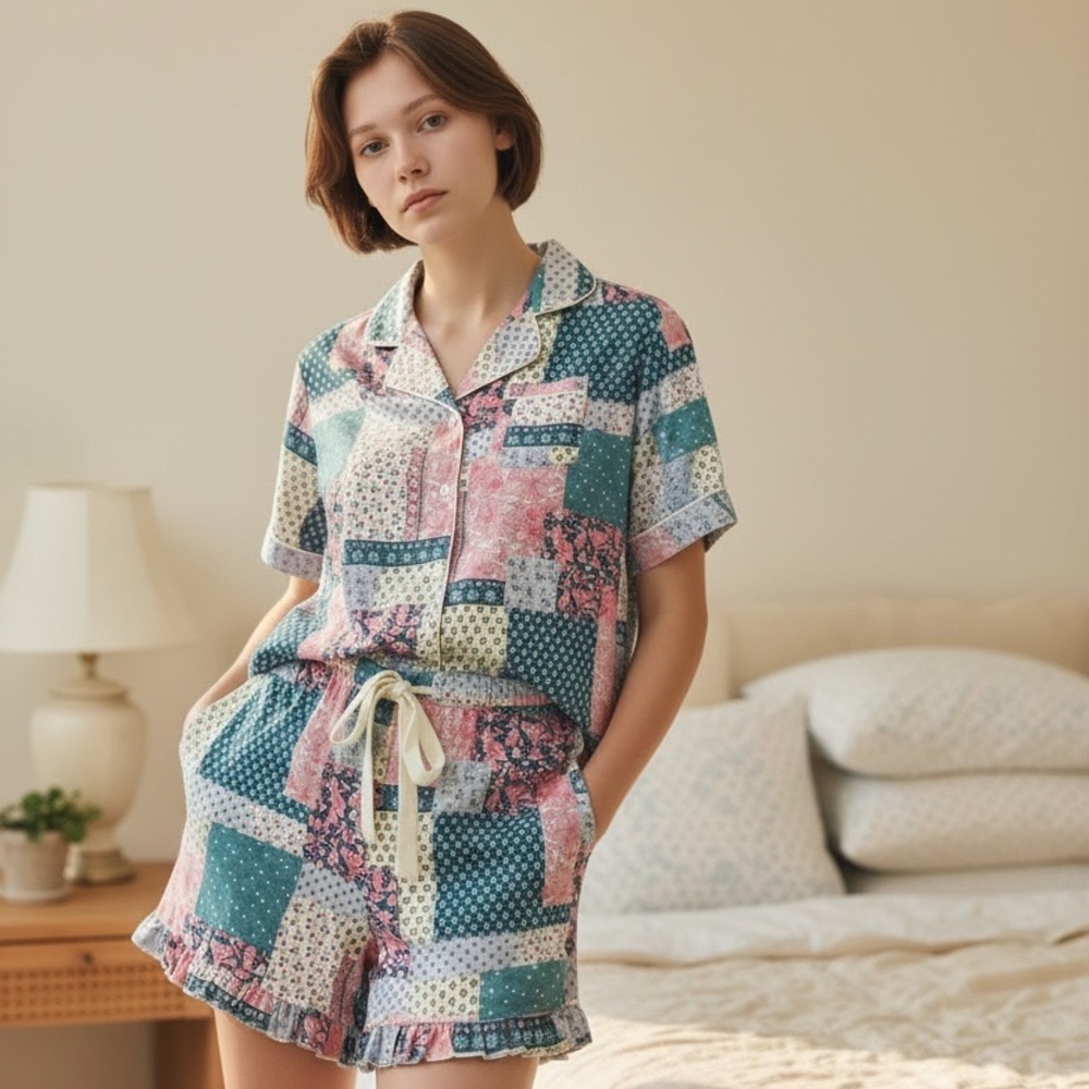 Simply Southern Patchwork Pajama Set - Pink & Teal - Ruffle Shorts w/ Pockets - Picture 3 of 10